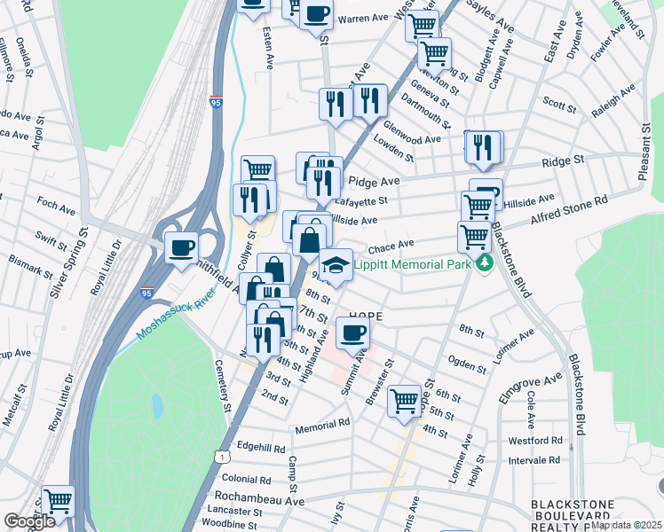 map of restaurants, bars, coffee shops, grocery stores, and more near 46 9th Street in Providence