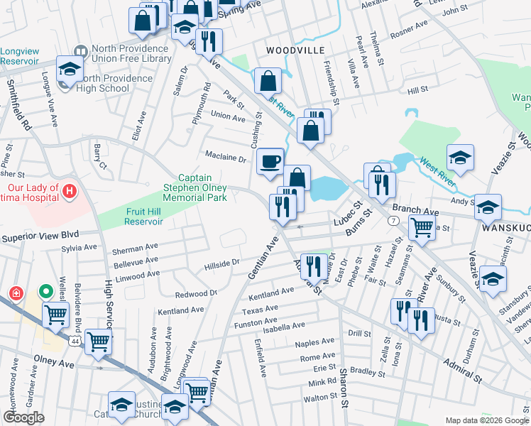 map of restaurants, bars, coffee shops, grocery stores, and more near 4 Smithfield Road in North Providence