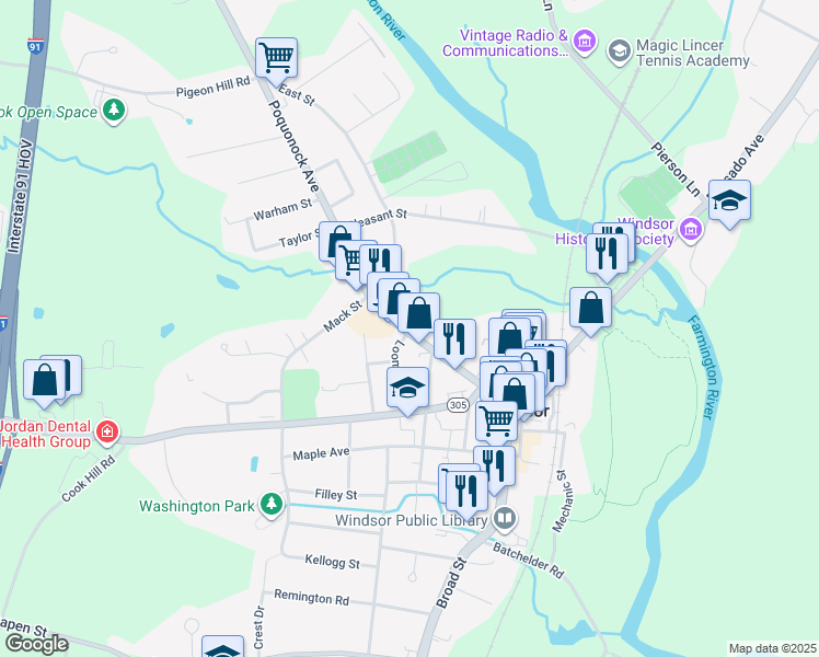 map of restaurants, bars, coffee shops, grocery stores, and more near 85 Poquonock Avenue in Windsor