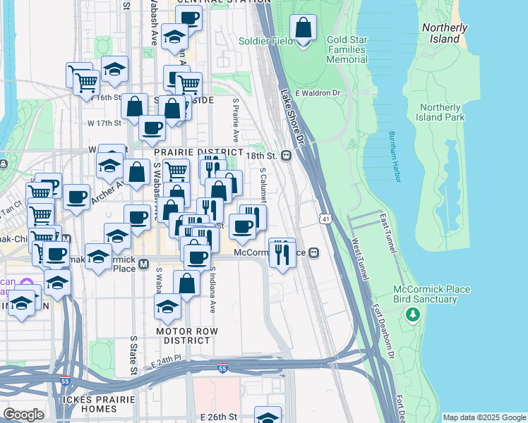 map of restaurants, bars, coffee shops, grocery stores, and more near 320 East 21st Street in Chicago