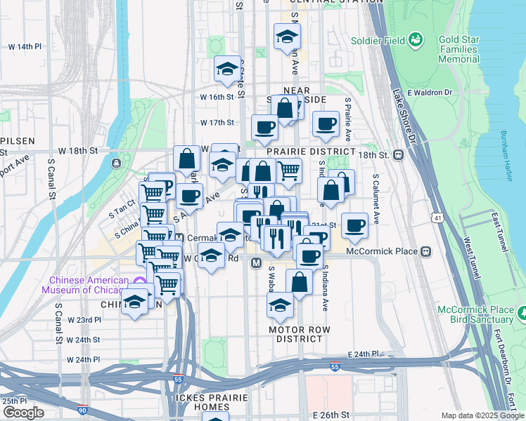 map of restaurants, bars, coffee shops, grocery stores, and more near 2031 South Wabash Avenue in Chicago