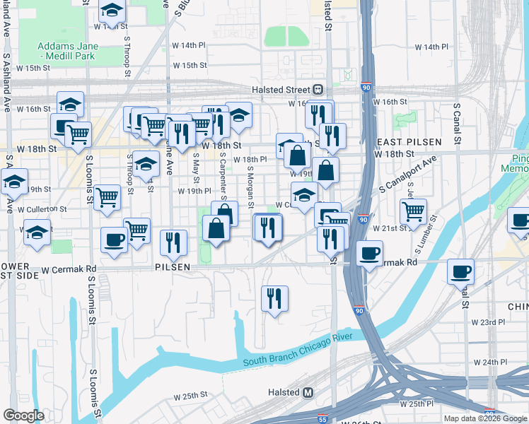 map of restaurants, bars, coffee shops, grocery stores, and more near 2021 South Morgan Street in Chicago