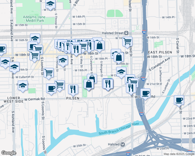map of restaurants, bars, coffee shops, grocery stores, and more near 1025 West 20th Place in Chicago