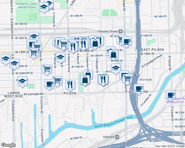 map of restaurants, bars, coffee shops, grocery stores, and more near 1025 West 20th Place in Chicago