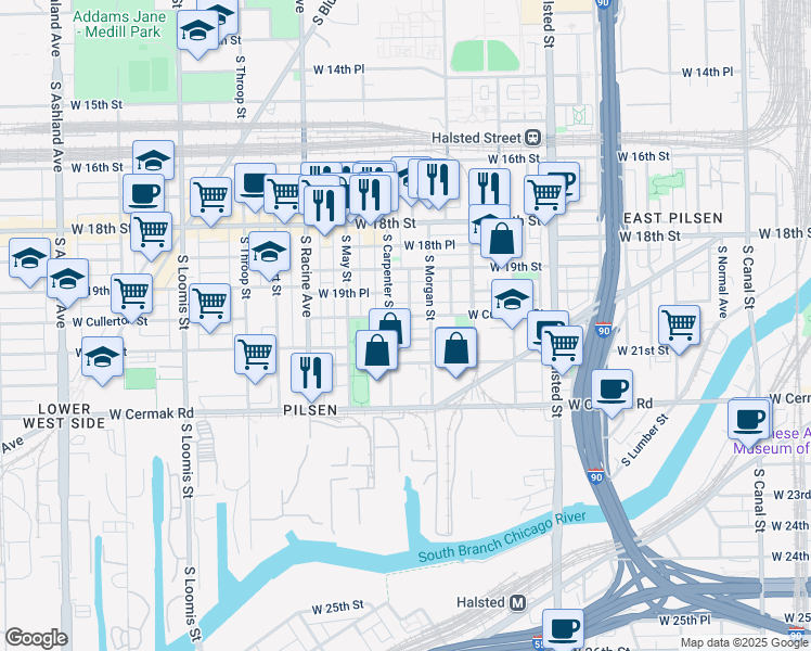 map of restaurants, bars, coffee shops, grocery stores, and more near 1025 West 20th Place in Chicago
