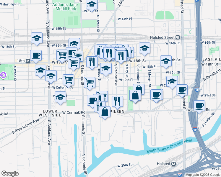 map of restaurants, bars, coffee shops, grocery stores, and more near 1212 West 21st Street in Chicago