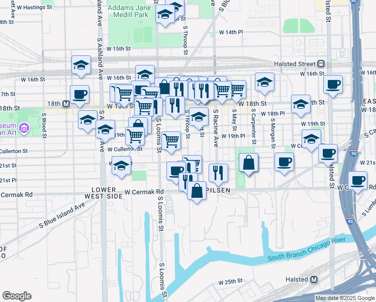 map of restaurants, bars, coffee shops, grocery stores, and more near 2023 South Throop Street in Chicago