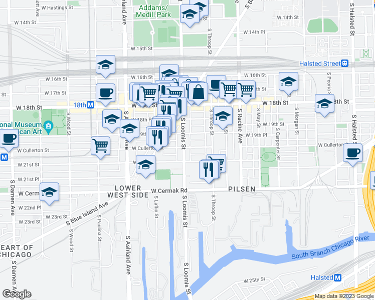 map of restaurants, bars, coffee shops, grocery stores, and more near 2018 South Loomis Street in Chicago