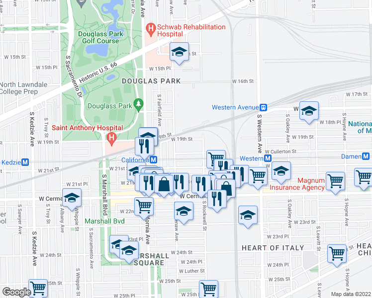 map of restaurants, bars, coffee shops, grocery stores, and more near 2621 West Cullerton Street in Chicago