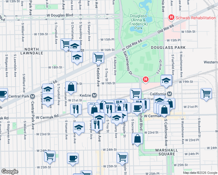 map of restaurants, bars, coffee shops, grocery stores, and more near 2000 South Albany Avenue in Chicago