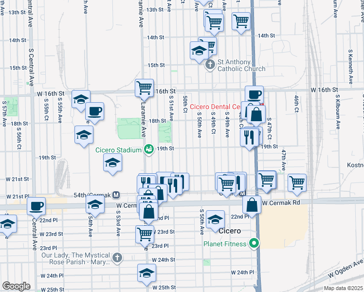 map of restaurants, bars, coffee shops, grocery stores, and more near 1905 South 51st Avenue in Cicero