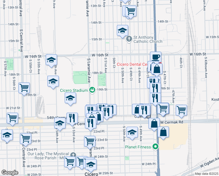 map of restaurants, bars, coffee shops, grocery stores, and more near 1905 South 51st Avenue in Cicero