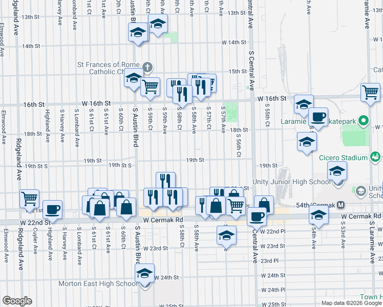 map of restaurants, bars, coffee shops, grocery stores, and more near 1836 West 19th Street in Cicero