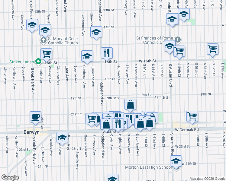 map of restaurants, bars, coffee shops, grocery stores, and more near 6303 19th Street in Berwyn