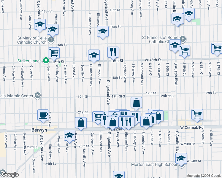 map of restaurants, bars, coffee shops, grocery stores, and more near 1848 Cuyler Avenue in Berwyn