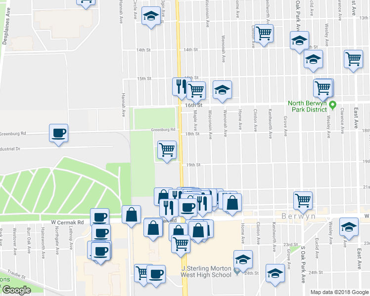 map of restaurants, bars, coffee shops, grocery stores, and more near 1835 Harlem Avenue in North Riverside