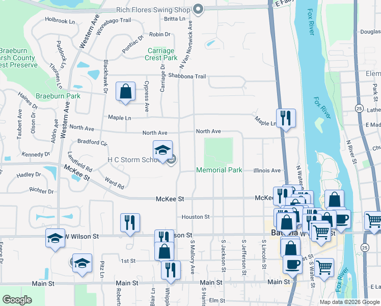 map of restaurants, bars, coffee shops, grocery stores, and more near 318 Republic Road in Batavia