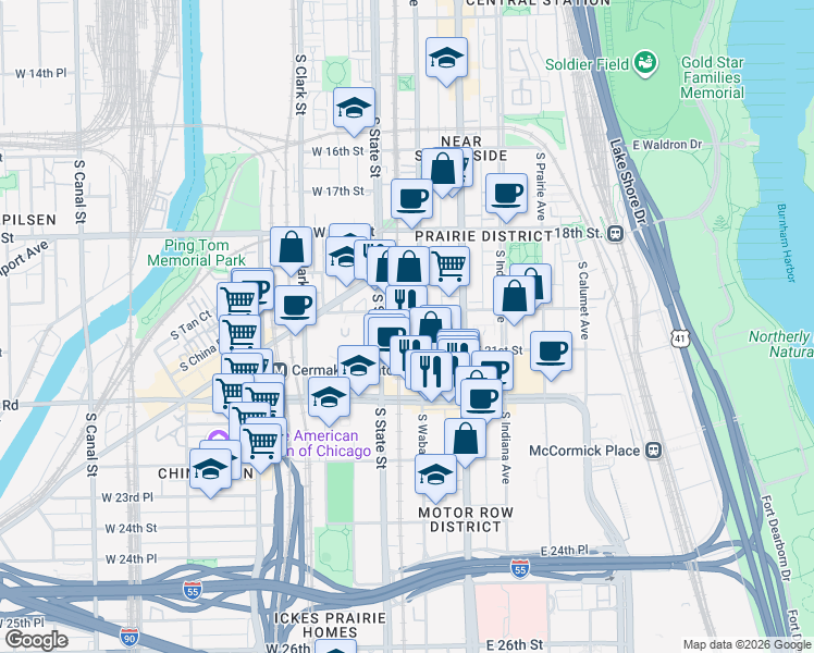 map of restaurants, bars, coffee shops, grocery stores, and more near 2010 South Wabash Avenue in Chicago