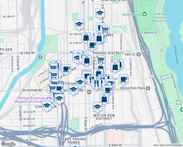 map of restaurants, bars, coffee shops, grocery stores, and more near 2031 South Wabash Avenue in Chicago