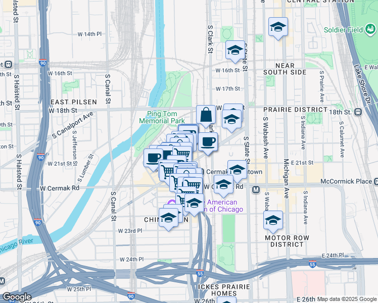 map of restaurants, bars, coffee shops, grocery stores, and more near 2002 South Wentworth Avenue in Chicago