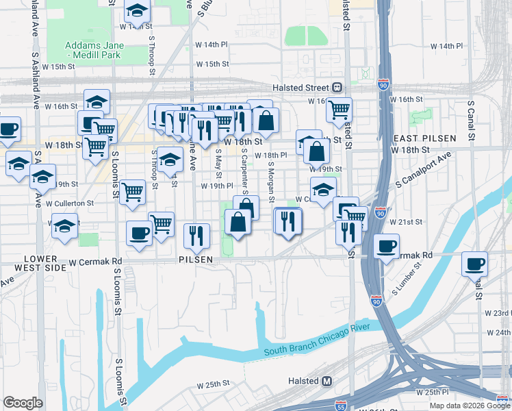 map of restaurants, bars, coffee shops, grocery stores, and more near 1025 West 20th Place in Chicago