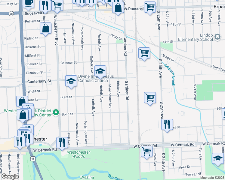 map of restaurants, bars, coffee shops, grocery stores, and more near 1656 Manchester Avenue in Westchester