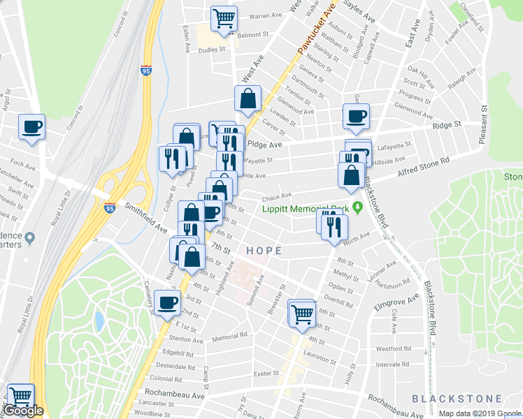 map of restaurants, bars, coffee shops, grocery stores, and more near 297 Highland Avenue in Providence