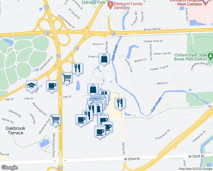 map of restaurants, bars, coffee shops, grocery stores, and more near 6 Oak Brook Club Drive in Oak Brook