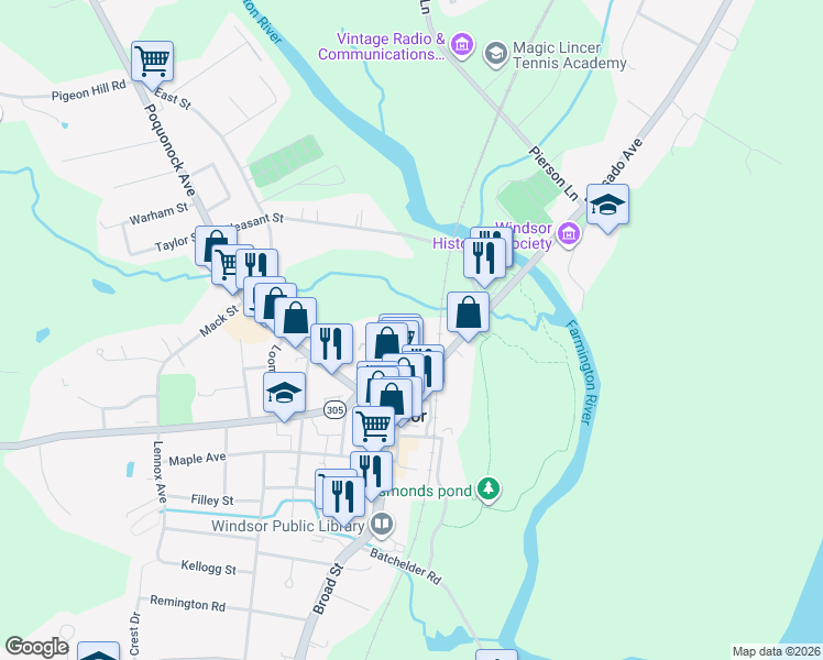 map of restaurants, bars, coffee shops, grocery stores, and more near 33 Phelps Street in Windsor