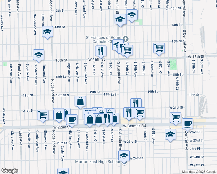 map of restaurants, bars, coffee shops, grocery stores, and more near 1846 South 60th Court in Cicero