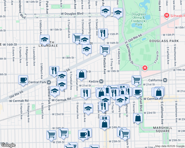 map of restaurants, bars, coffee shops, grocery stores, and more near 1909 South Spaulding Avenue in Chicago