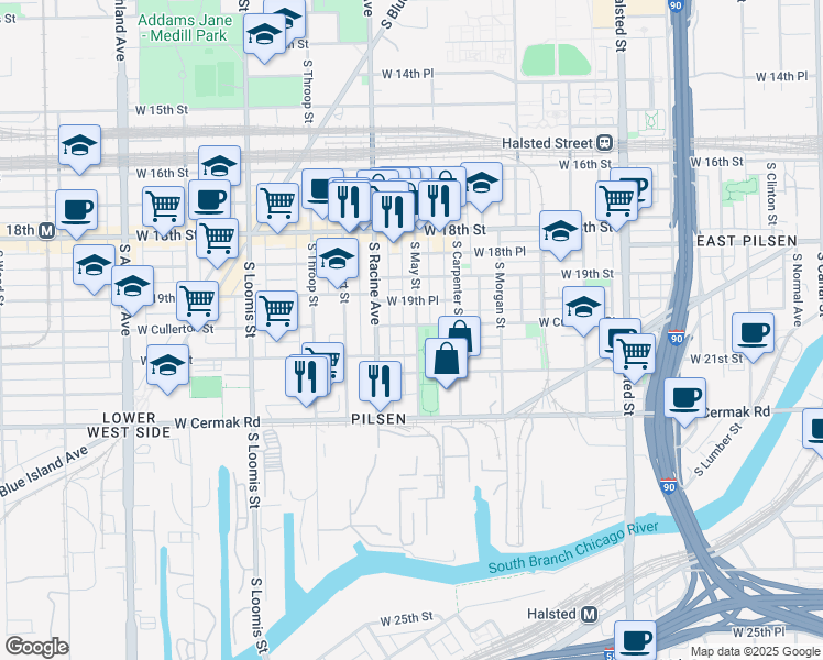 map of restaurants, bars, coffee shops, grocery stores, and more near 2000 South May Street in Chicago