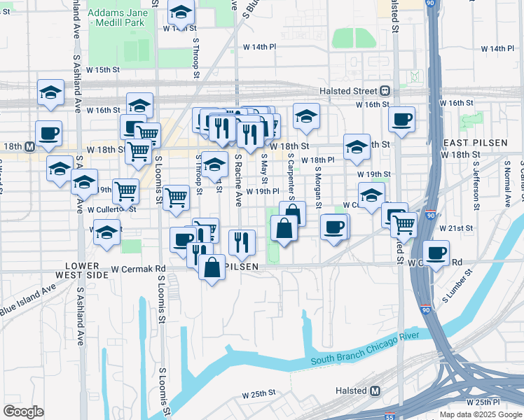 map of restaurants, bars, coffee shops, grocery stores, and more near 2000 South May Street in Chicago