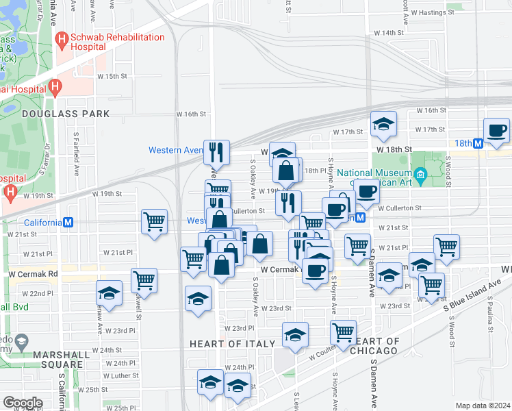 map of restaurants, bars, coffee shops, grocery stores, and more near 2247 West Cullerton Street in Chicago