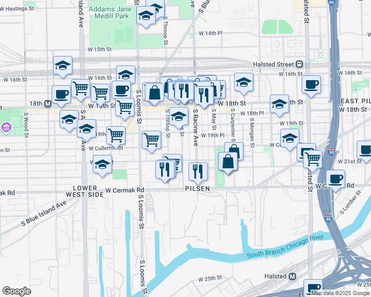 map of restaurants, bars, coffee shops, grocery stores, and more near 2001 South Allport Street in Chicago