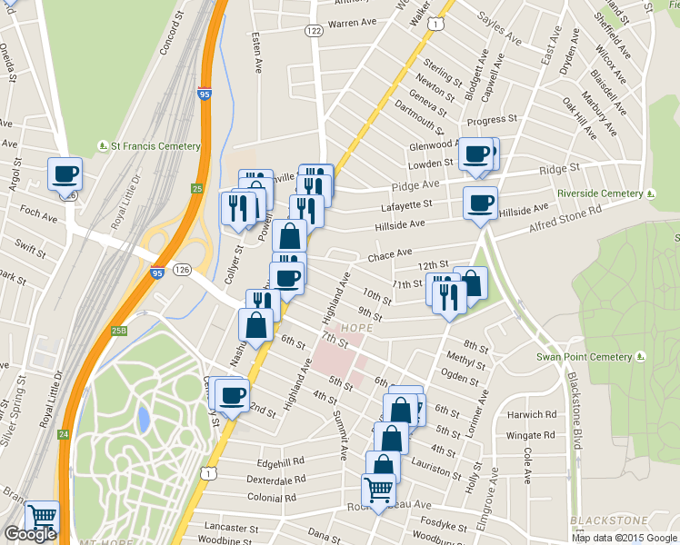 map of restaurants, bars, coffee shops, grocery stores, and more near 46 9th Street in Providence