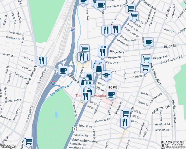 map of restaurants, bars, coffee shops, grocery stores, and more near 170 Nashua Street in Providence