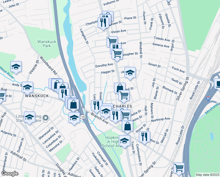 map of restaurants, bars, coffee shops, grocery stores, and more near 94 Opper Street in Providence