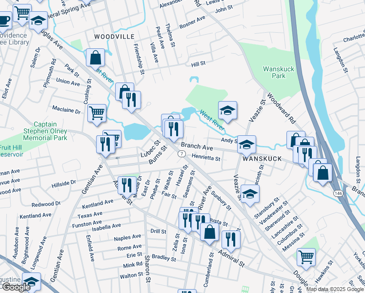 map of restaurants, bars, coffee shops, grocery stores, and more near 12 Atlas Street in Providence