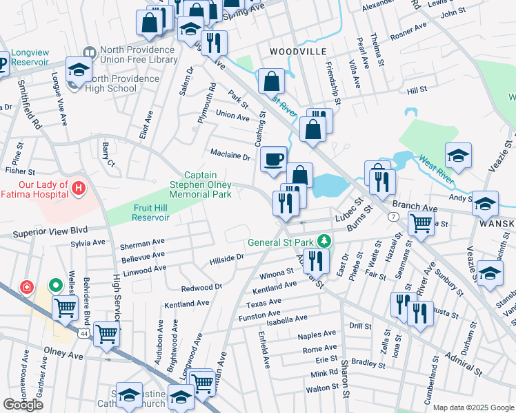 map of restaurants, bars, coffee shops, grocery stores, and more near 4 Smithfield Road in North Providence