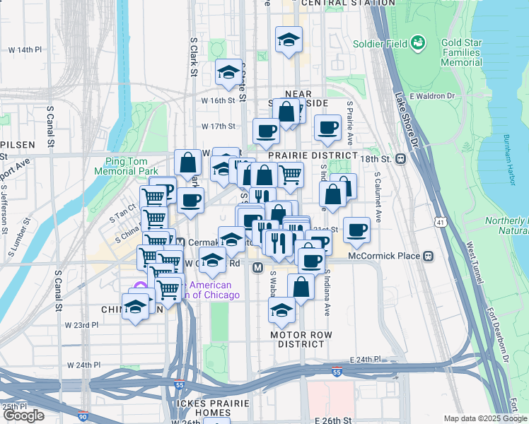 map of restaurants, bars, coffee shops, grocery stores, and more near 2031 South Wabash Avenue in Chicago