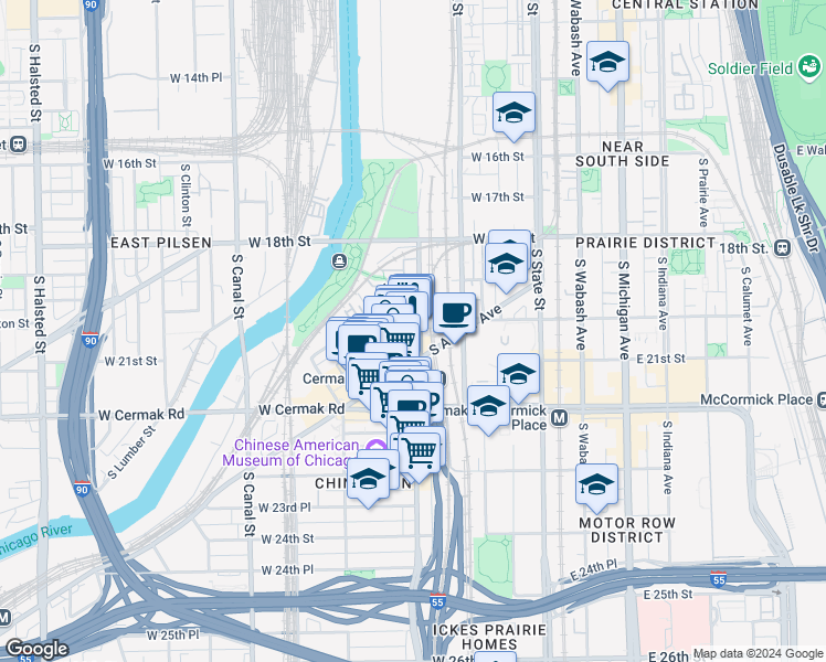 map of restaurants, bars, coffee shops, grocery stores, and more near 2002 South Wentworth Avenue in Chicago