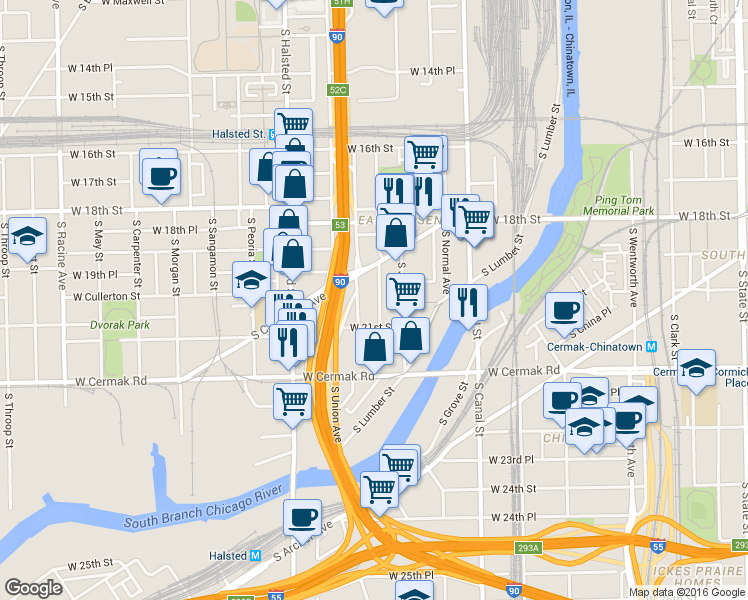 map of restaurants, bars, coffee shops, grocery stores, and more near 638 West 21st Street in Chicago