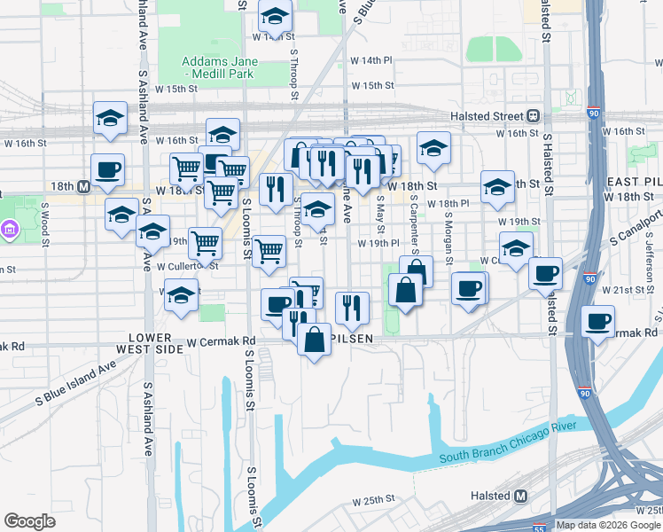 map of restaurants, bars, coffee shops, grocery stores, and more near 1212 West 21st Street in Chicago