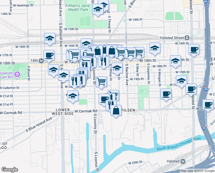 map of restaurants, bars, coffee shops, grocery stores, and more near 1314 West 21st Street in Chicago