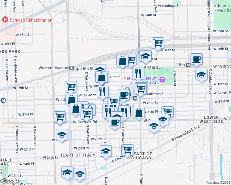 map of restaurants, bars, coffee shops, grocery stores, and more near 2125 West Cullerton Street in Chicago