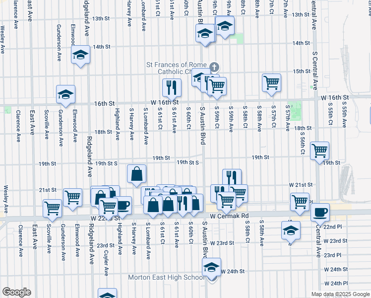 map of restaurants, bars, coffee shops, grocery stores, and more near 1846 South 60th Court in Cicero