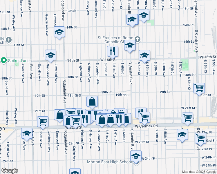 map of restaurants, bars, coffee shops, grocery stores, and more near 1853 West 19th Street in Cicero