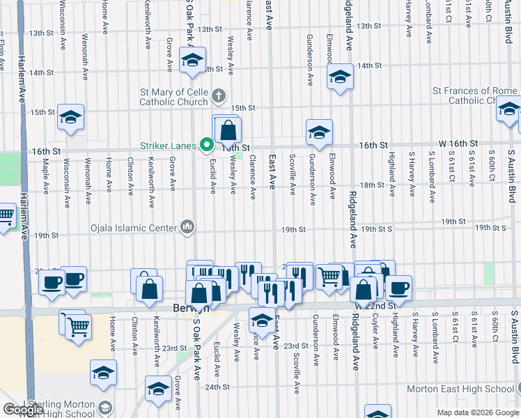 map of restaurants, bars, coffee shops, grocery stores, and more near 1846 East Avenue in Berwyn