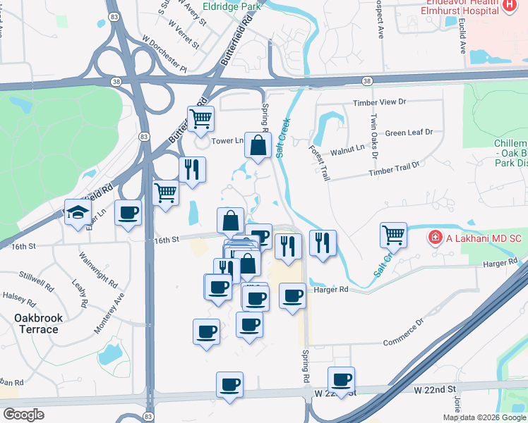 map of restaurants, bars, coffee shops, grocery stores, and more near 6 Oak Brook Club Drive in Oak Brook
